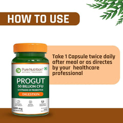 Pure Nutrition Progut 50 Billion CFU,60 Veg Capsule|Probiotic & Prebiotic Supplement for Unisex|14 Probiotic Strains|Supports Digestive Health|Relief from Gas & Bloating, 1 count