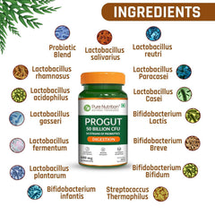 Pure Nutrition Progut 50 Billion CFU,60 Veg Capsule|Probiotic & Prebiotic Supplement for Unisex|14 Probiotic Strains|Supports Digestive Health|Relief from Gas & Bloating, 1 count