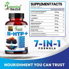 Humming Herbs 5-HTP+ with L-Theanine, L-Tryptophan, GABA, Valerian Root Extract, Chamomile Leaf, Passion Flower (Hydroxytryptophan) Mood & Sleep Support 7in1 | 650MG | 90 Caps