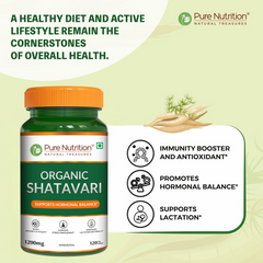 Pure Nutrition Organic Shatavari | Boosts Immunity, Digestion | Ayurvedic & Herbal Supplement | Helps Balance Women's Hormones & Reproductive Health - 120 Tablet