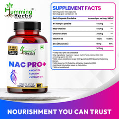 Humming Herbs NAC PRO+ with N-Acetyl Cysteine, Inositol, Choline, Vitamin D3 & Zinc | 1410mg | 45 Days Supply | Non-GMO & Clean Label