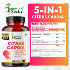 Humming Herbs Citrus Cardia 5 in 1 Formula with Red Yeast Rice, Resveratrol, Olive Leaf, Niacin & Piperine , 90 Capsules