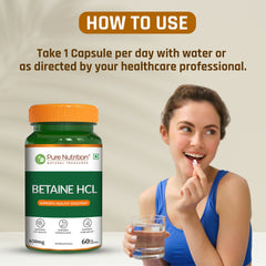Pure Nutrition Betaine HCL 650mg (60 Capsules) Supports Digestive Health, Stomach Acid Balance & Nutrient Absorption, Helps Relieve Gas, Heartburn & Acidity