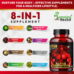 Humming Herbs Alpha Testosterone Supplement – Tribulus, Fadogia Agrestis, Epimedium (Horny Goat Weed), L‑Arginine, Beet Root, Tongkat Ali, Maca & Vitamin D3 – 120 Vegan Capsules (60 Servings)