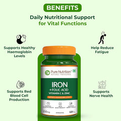 Pure Nutrition Iron Folic Acid Supplement - 60 Veg Tablets with Zinc, Vitamin C & Vitamin B12 for Men & Women | Supports Haemoglobin Production, Boosts Immunity & Maintains Iron Level