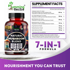 Humming Herbs Natural Mushroom Blend Capsules 7-in-1 with Cordyceps,Lion's Mane,Reishi, Maitake,Chaga,Shiitake & Oyster Mushroom 90 Capsules