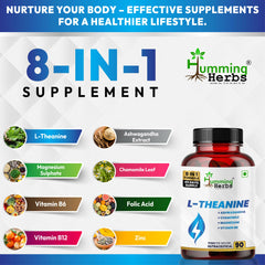 Humming Herbs L-Theanine with Ashwagandha, Chamomile, Magnesium, Vitamin B6, Vitamin B12 & Zinc | Veg Capsules | 912mg | 8-in-1 Daily Nutrition Blend