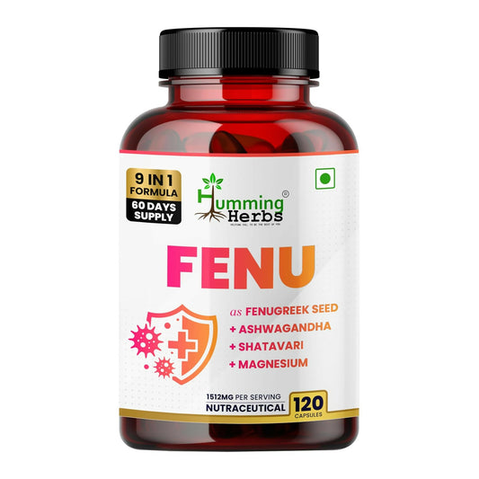 Humming Herbs FENU Fenugreek with Ashwagandha, Shatavari, Safed Musli ,Magnesium, Zinc , Vitamin D3, Vitamin B6 & Folic Acid 120 Capsules