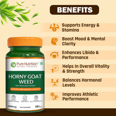 Pure Nutrition Horny Goat Weed with Maca Root Extract 1000mg 60 Veg Capsules | Supports Energy, Stamina, Bone & Hormonal Health