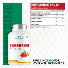 Zespo Berberine HCl 1200mg with Milk Thistle, Turmeric, Ceylon Cinnamon & Black Pepper - 120 Capsules