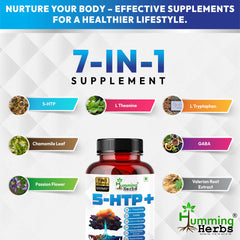 Humming Herbs 5-HTP+ with L-Theanine, L-Tryptophan, GABA, Valerian Root Extract, Chamomile Leaf, Passion Flower (Hydroxytryptophan) Mood & Sleep Support 7in1 | 650MG | 90 Caps