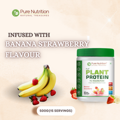 Pure Nutrition Plant Protein Powder for Men,Women -Banana & Strawberry (500g) ,With Pea & Brown Rice Protein with Omega3,Digestive Enzymes & Turmeric|Plant-based,Vegan