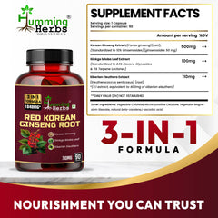 Humming Herbs Red Korean Ginseng with Ginkgo Biloba Leaf, Siberian Ginseng, Supports Energy, Concentration, Immune system and Improves Mental Clarity