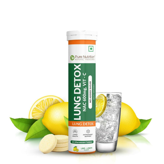 Pure Nutrition Lung Detox 20 Effervescent Tablets (Lemon Flavor) With N-Acetylcysteine 600 Mg And Vitamin C |Removes Tar & Support Respiratory Health
