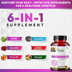 Humming Herbs Moringa Capsules 6-in-1 Formula with Moringa Leaf Extract, Resveratrol, Astaxanthin, S-Acetyl Glutathione, Vitamin C & Folic Acid 120 Capsules