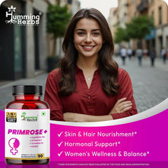 Humming Herbs Primrose+ with Evening Primrose, Flaxseed, Vitamin E, D3 & CoQ10, 90 Capsules