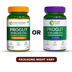 Pure Nutrition Progut 50 Billion CFU,60 Veg Capsule|Probiotic & Prebiotic Supplement for Unisex|14 Probiotic Strains|Supports Digestive Health|Relief from Gas & Bloating, 1 count