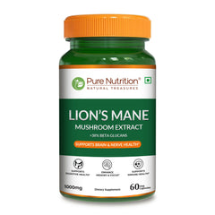 Pure Nutrition Lion s Mane Mushroom Extract 1000mg 60 Veg Capsules | >38% Beta Glucans | Supports Brain & Nerve Health | Memory, Focus, Immune & Digestive Support