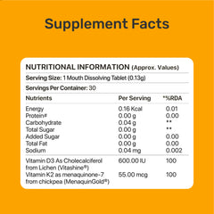 Newedge Plant Based Vitamin D3+K2 | Vitashine® + MenaquinGold® | 100% Vegan | Calcium Direction to Bones | Immunity, Heart & Bone Strength | Orange Flavour Melt Tablets