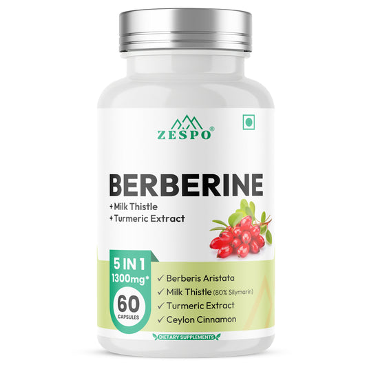 Zespo Berberine 1300mg HCL 5-in-1 with Milk Thistle, Turmeric & Ceylon Cinnamon - 60 Capsules