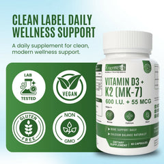 Eternell® Vitamin D3 + K2 (MK-7) Capsules | 600 I.U. + 55 MCG | Supports Bone Strength, Calcium Balance & Heart Health | 60 Capsules