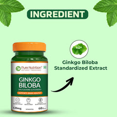 Pure Nutrition Ginkgo Biloba 120mg - 60 Veg Capsules | 24% Flavone Glycosides | Supports Memory, Better Concentration | Helps Reduce Stress & Improve Blood Circulation