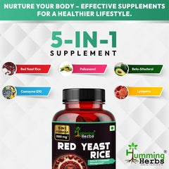 Humming Herbs Red Yeast Rice 500mg Capsules - Natural Cholesterol Support with CoQ10, Policosanol - Heart Health & Blood Circulation