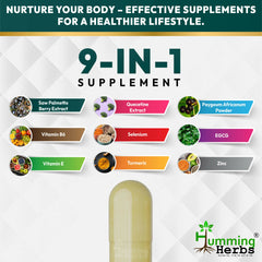 Humming Herbs Saw Palmetto Plus Prostate Support - Enhanced Formula with Quercetin, Turmeric, Pygeum, Vitamins E & B6, Zinc, Selenium for Men's Health, Capsule
