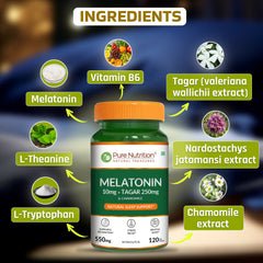 Pure Nutrition Melatonin 10mg with Tagar 250mg - 120 Veg Tablets | Non-Addictive Sleep Aid | Helps Fall Asleep Fast | Promotes Deep Sleep | Enhances Sleep Quality | Helps In Relaxation