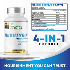 Humming Herbs Tributyrin 95% Pure | 730 mg Butyrate | With Zinc, FOS & Probiotic Blend & FOS | 180 Veg Capsules | Nutraceutical Supplement