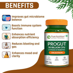 Pure Nutrition Progut 50 Billion CFU,60 Veg Capsule|Probiotic & Prebiotic Supplement for Unisex|14 Probiotic Strains|Supports Digestive Health|Relief from Gas & Bloating, 1 count
