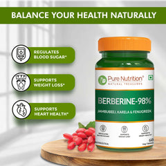 Pure Nutrition BERBERINE 98% 60 Veg Tablets | with Jamun Beej, Karela & Fenugreek Extract | Supports Blood Sugar Control, Weight Management, Heart & Metabolic Health | Natural Herbal Wellness Formula