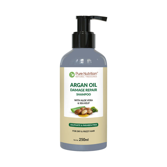 Pure Nutrition Argan Oil Damage Repair Shampoo 250ml | Sulphate & Paraben Free | With Aloe Vera & Sea Kelp | Moisturizing Shampoo for Dry, Damaged & Frizzy Hair