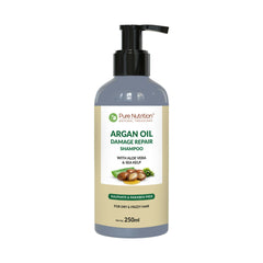 Pure Nutrition Argan Oil Damage Repair Shampoo 250ml | Sulphate & Paraben Free | With Aloe Vera & Sea Kelp | Moisturizing Shampoo for Dry, Damaged & Frizzy Hair