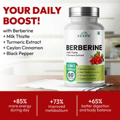 Zespo Berberine 1300mg HCL 5-in-1 with Milk Thistle, Turmeric & Ceylon Cinnamon - 60 Capsules