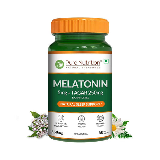 Pure Nutrition Melatonin 5mg - 60 Tablets with Tagar, L theanine & Chamomile | Sleeping Pills for Deep & Restful Sleep | Sleep Supplement for Men & Women, Promotes Relaxation & Helps Fall Asleep Fast