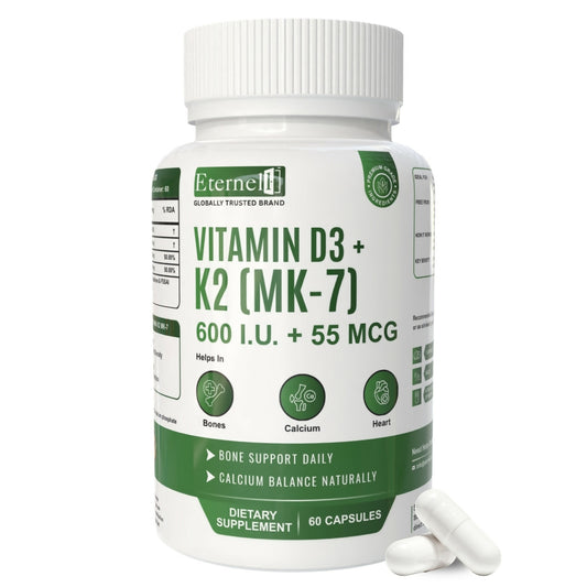 Eternell® Vitamin D3 + K2 (MK-7) Capsules | 600 I.U. + 55 MCG | Supports Bone Strength, Calcium Balance & Heart Health | 60 Capsules