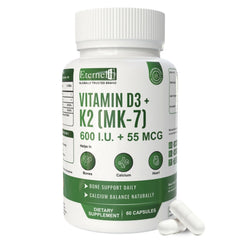 Eternell® Vitamin D3 + K2 (MK-7) Capsules | 600 I.U. + 55 MCG | Supports Bone Strength, Calcium Balance & Heart Health | 60 Capsules