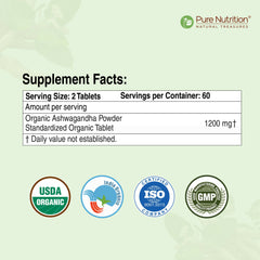 Pure Nutrition Organic Ashwagandha Tablets | 120 Veg Tablets | Supports Stress Relief, Sleep, Fertility, Immune Health, Vitality & Strength | Natural Adaptogen for Men & Women | Promotes Energy & Overall Wellness | Ayurvedic Supplement