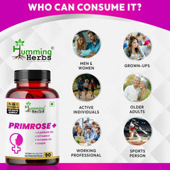 Humming Herbs Primrose+ with Evening Primrose, Flaxseed, Vitamin E, D3 & CoQ10, 90 Capsules
