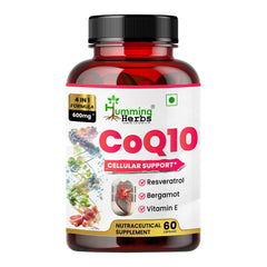 Humming Herbs CoQ10 600mg Cellular Support Supplement with Resveratrol, Bergamot & Vitamin E - Heart Health & Energy Booster - Antioxidan 60 Caps