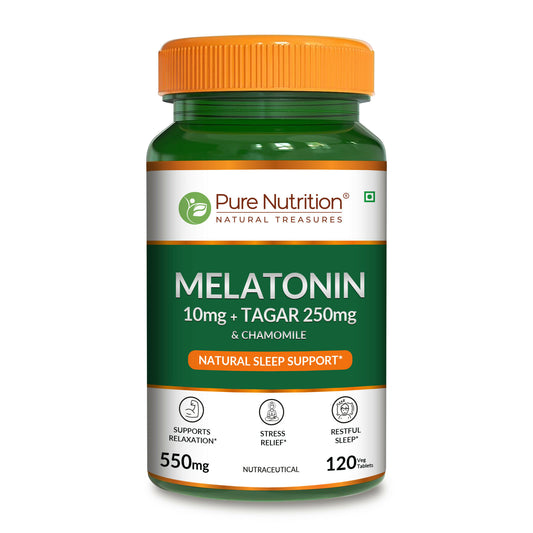 Pure Nutrition Melatonin 10mg with Tagar 250mg - 120 Veg Tablets | Non-Addictive Sleep Aid | Helps Fall Asleep Fast | Promotes Deep Sleep | Enhances Sleep Quality | Helps In Relaxation