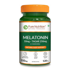 Pure Nutrition Melatonin 10mg with Tagar 250mg - 120 Veg Tablets | Non-Addictive Sleep Aid | Helps Fall Asleep Fast | Promotes Deep Sleep | Enhances Sleep Quality | Helps In Relaxation