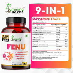 Humming Herbs FENU Fenugreek with Ashwagandha, Shatavari, Safed Musli ,Magnesium, Zinc , Vitamin D3, Vitamin B6 & Folic Acid 120 Capsules