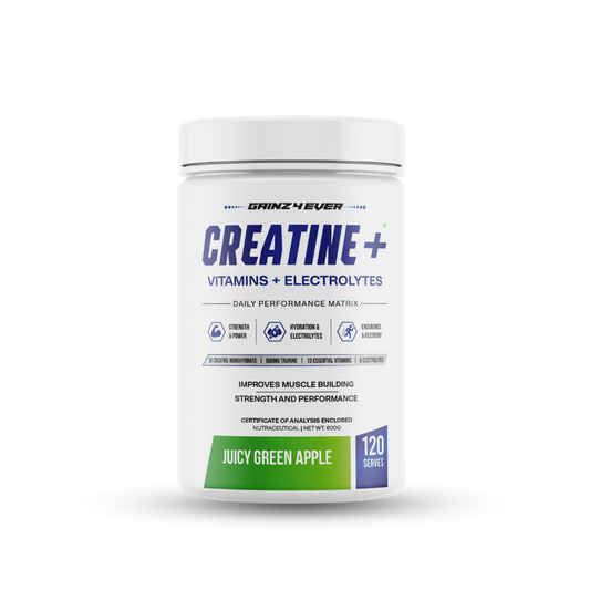 Gainz4Ever Creatine+ | Creatine Monohydrate with Taurine, Essential Vitamins & Electrolytes | Daily Performance Matrix for Strength, Power, Hydration & Recovery | 120 Servings | 600g