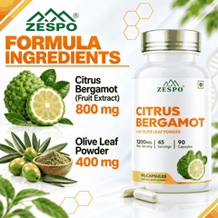 ZESPO® Citrus Bergamot with Olive Leaf Powder | 1200 mg per Serving | 800 mg Bergamot Fruit Extract + 400 mg Olive Leaf Powder | 90 Vegetarian Capsules