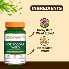 Pure Nutrition Horny Goat Weed with Maca Root Extract 1000mg 60 Veg Capsules | Supports Energy, Stamina, Bone & Hormonal Health