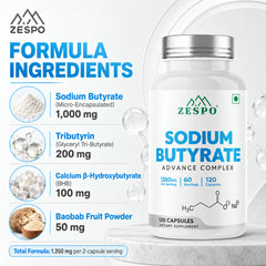 ZESPO® Sodium Butyrate Advance Complex | 1350 mg Combined Formula per Serving | With Tributyrin, Calcium BHB & Baobab | 120 Vegetarian Capsules