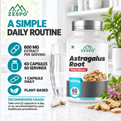 ZESPO® Astragalus Root Extract Capsules | 600 mg | 10:1 Extract | Plant-Based Dietary Supplement | 60 Vegetarian Capsules