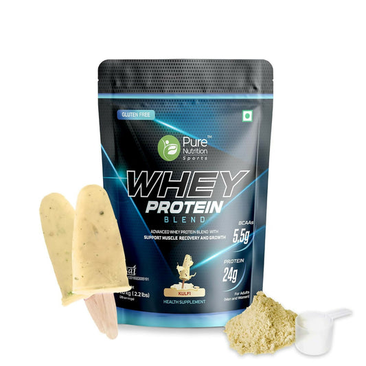 Pure Nutrition Whey Protein Blend (Isolate + Concentrate)1Kg Pouch, 30 Servings, 24g Protein, 5.5g BCAA per Serving | Supplement Powder for Men & Women for Muscle Recovery & Growth, Kulfi Flavour